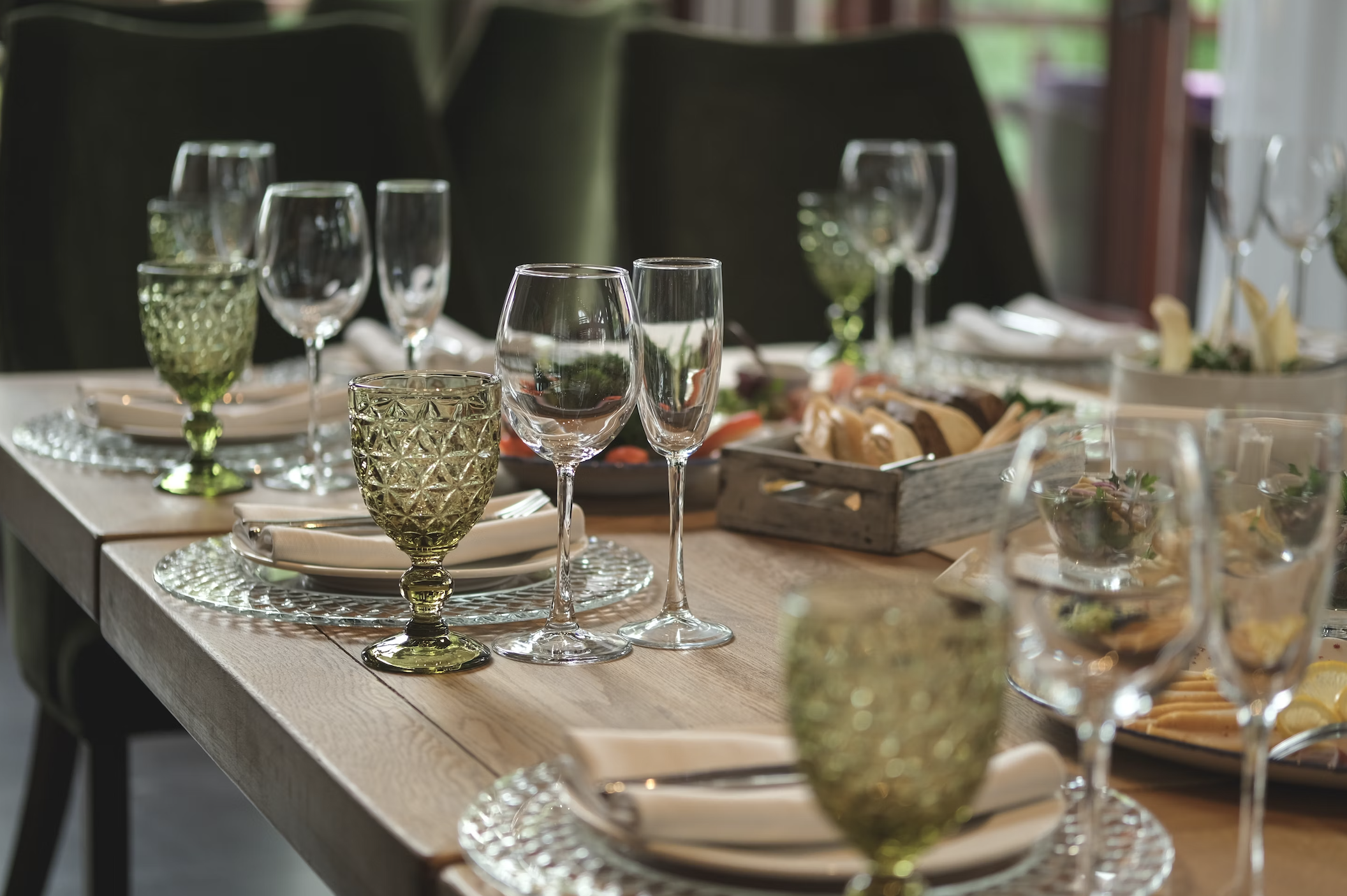 simple tablescape with green water glasses