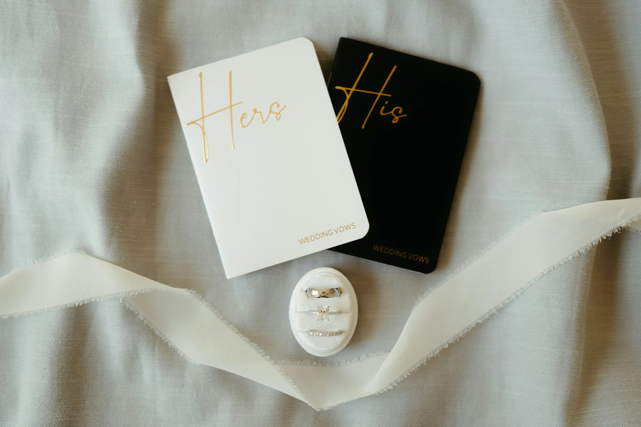 His and Hers Vow books and wedding rings in a box