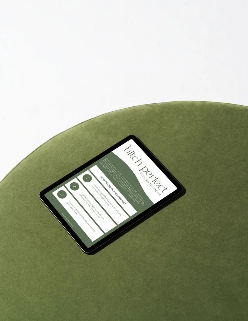 Tablet displaying Hitch Perfect's priorities worksheet on a green circular surface.